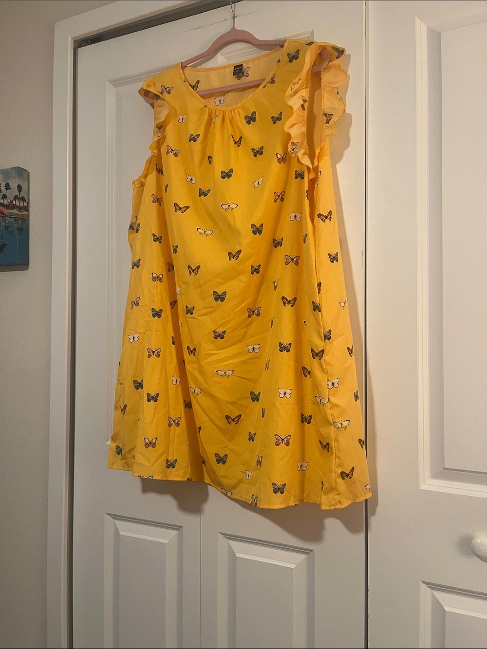 Womens Yellow Butterfly Ruffle-Sleeve Dress